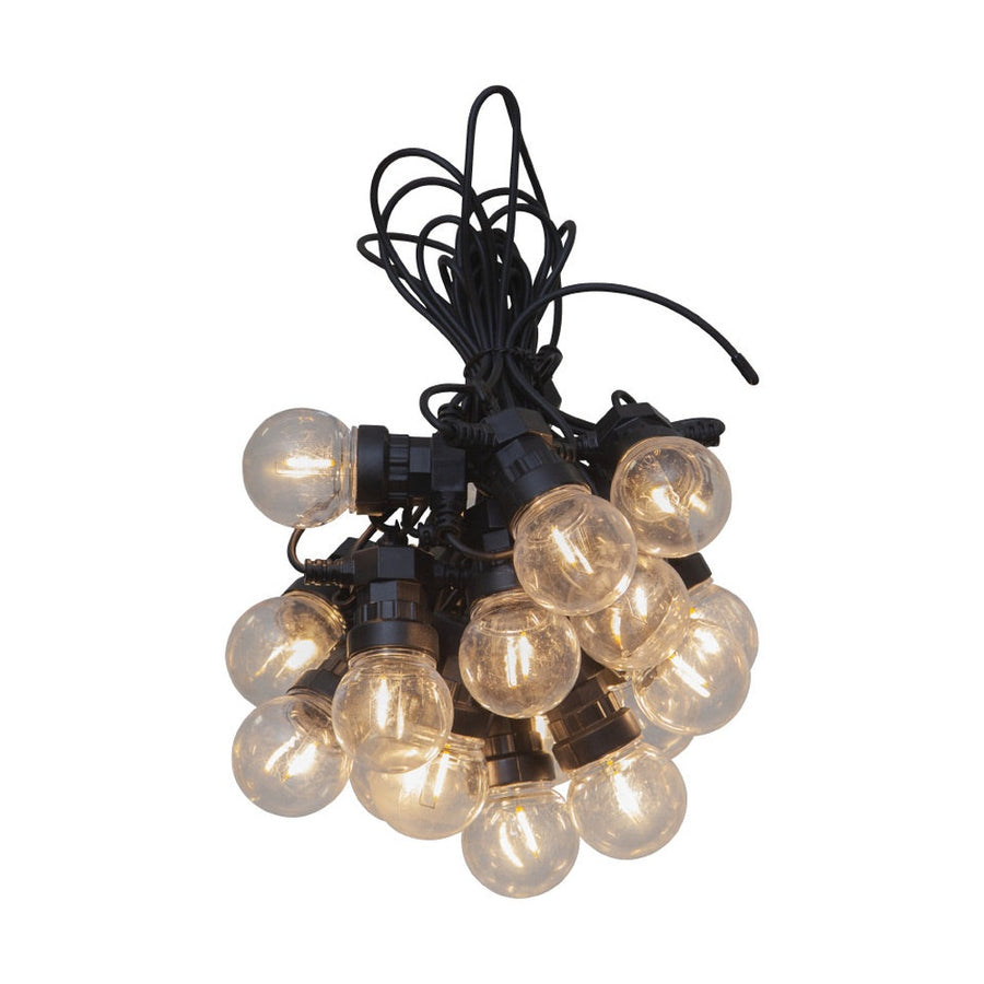 20 izzóból álló LED dekoráció izzósor. Fekete kábellel és áttetsző izzókkal.