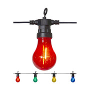 10 izzóval rendelkező színes kültéri dekorációs izzósor. Az izzók piros, zöld, citromsárga és kék színűek.