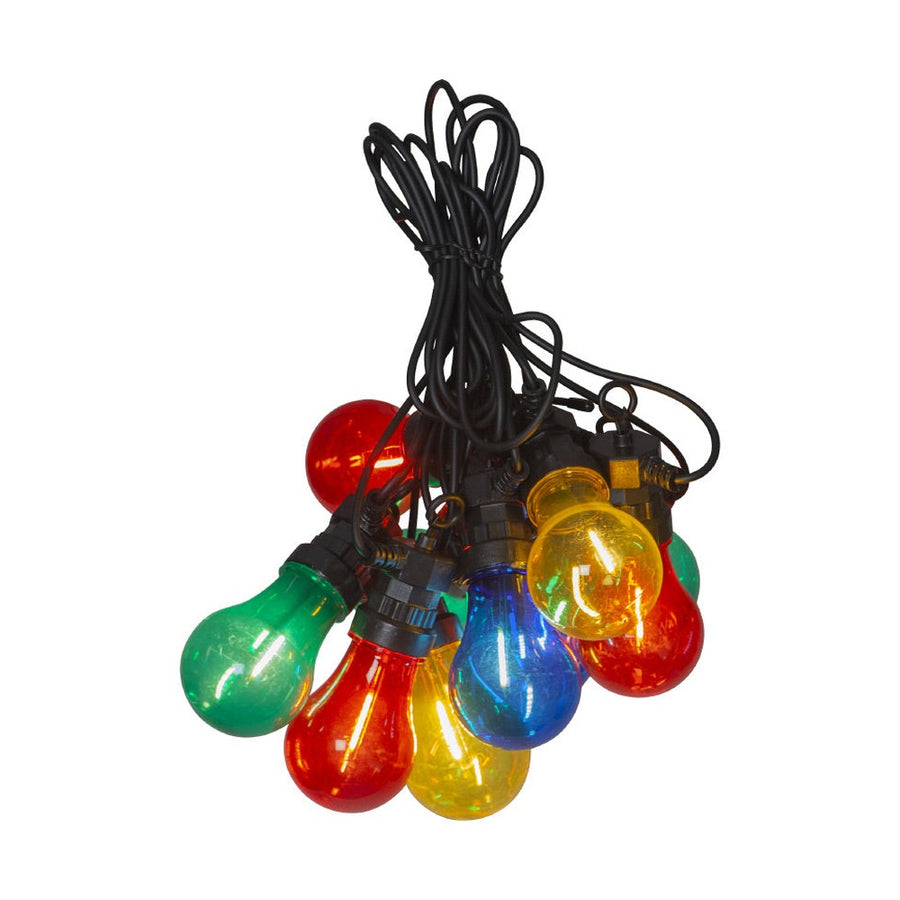 10 izzóval rendelkező színes kültéri dekorációs izzósor. Az izzók piros, zöld, citromsárga és kék színűek.