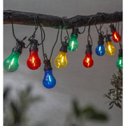 10 izzóval rendelkező színes kültéri dekorációs izzósor. Az izzók piros, zöld, citromsárga és kék színűek.