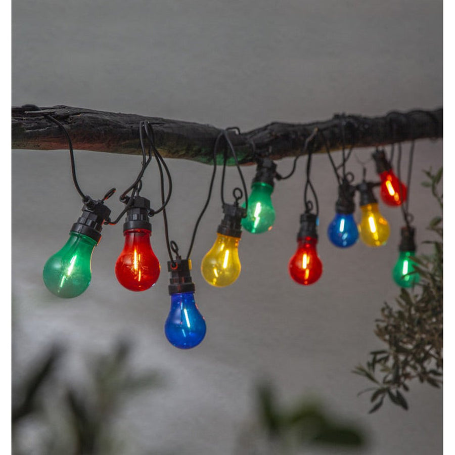 10 izzóval rendelkező színes kültéri dekorációs izzósor. Az izzók piros, zöld, citromsárga és kék színűek.