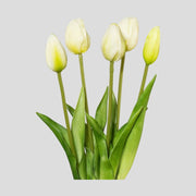 5 szálból álló, fehér színű tulipáncsokor művirág, bimbós virágfejekkel.