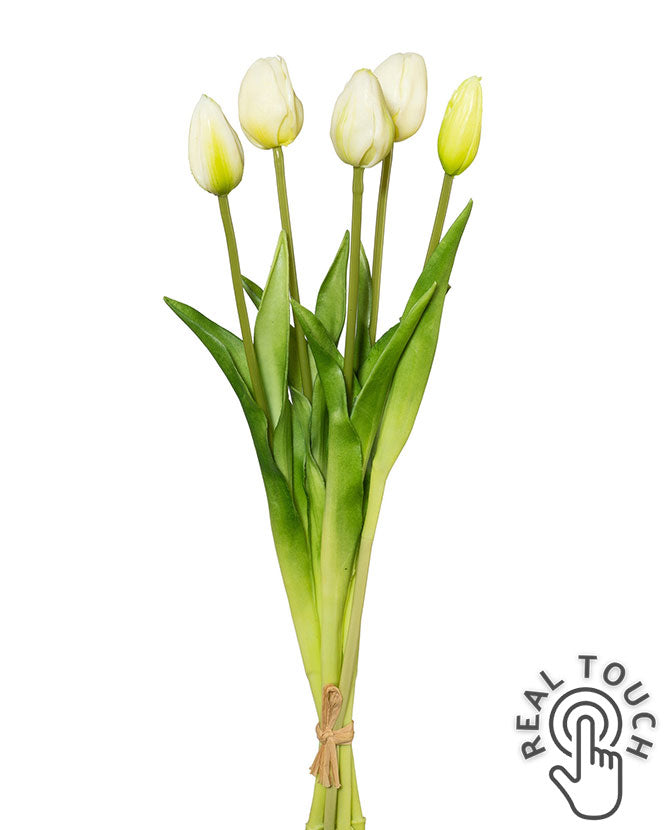 5 szálból álló, fehér színű tulipáncsokor művirág, bimbós virágfejekkel.