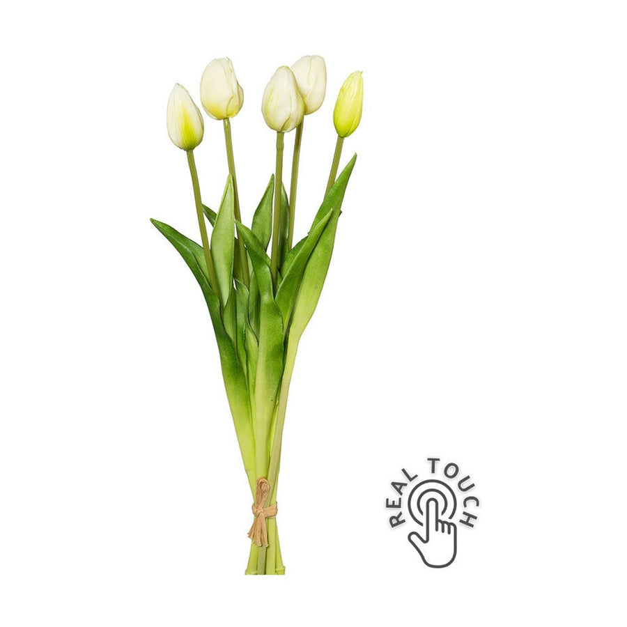 5 szálból álló, fehér színű tulipáncsokor művirág, bimbós virágfejekkel.