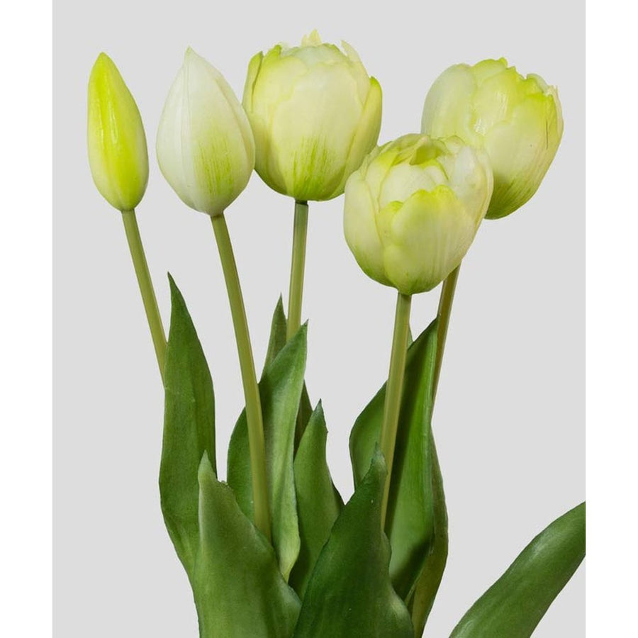 5 szálból álló, fehér színű tulipáncsokor művirág, nyílt és bimbós virágfejekkel.