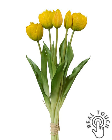 5 szálból álló, sárga színű tulipáncsokor művirág, nyílt és bimbós virágfejekkel.