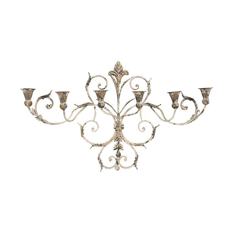 Shabby Chic stílusú, óriás, 82 cm hosszú, 6 ágú, falra szerelhető patinás "Antoinette" gyertyatartó