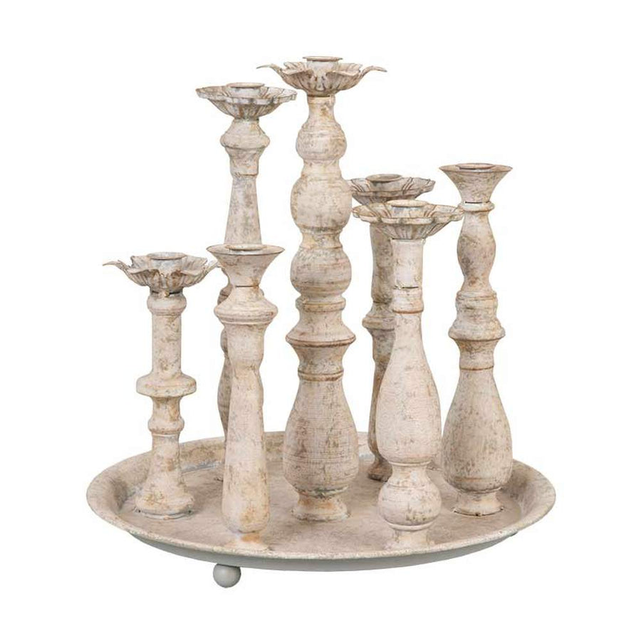 Shabby Chic stílusú 7 ágú, fémtálcás, antikolt felületű, krém színű  gyertyatartó