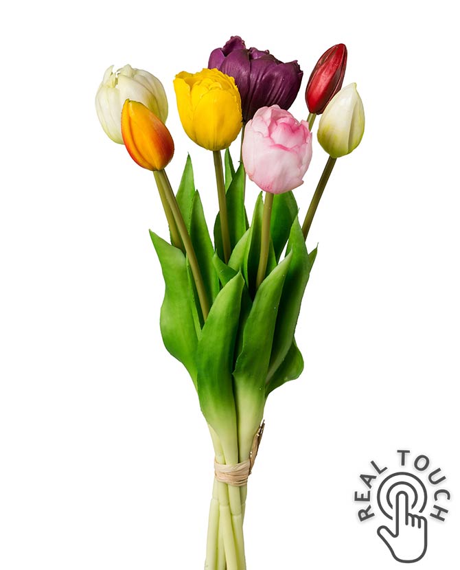 7 szálból álló, vegyes színű tulipáncsokor művirág, nyílt és bimbós virágfejekkel.