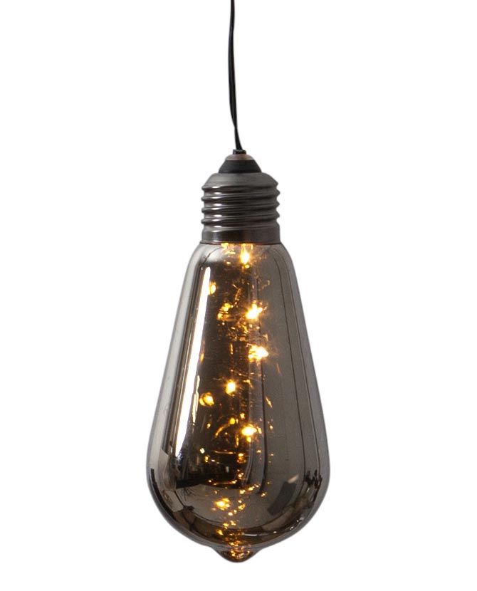 Beltéri, függeszthető, elemmel működő dekorációs LED izzó füst színű üveggel.