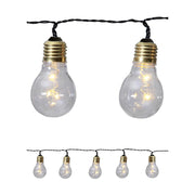 Elemmel működő kültéri dekorációs izzósor 5 db átlátszó üvegű izzóval. 