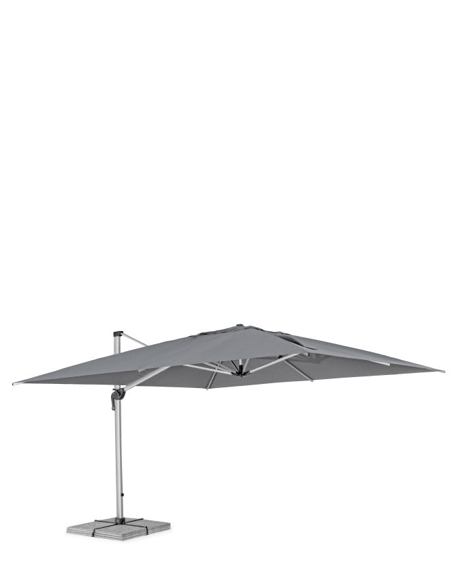 Eloxált alumíniumvázas design napernyő, sötétszürke poliészter ponyvával.