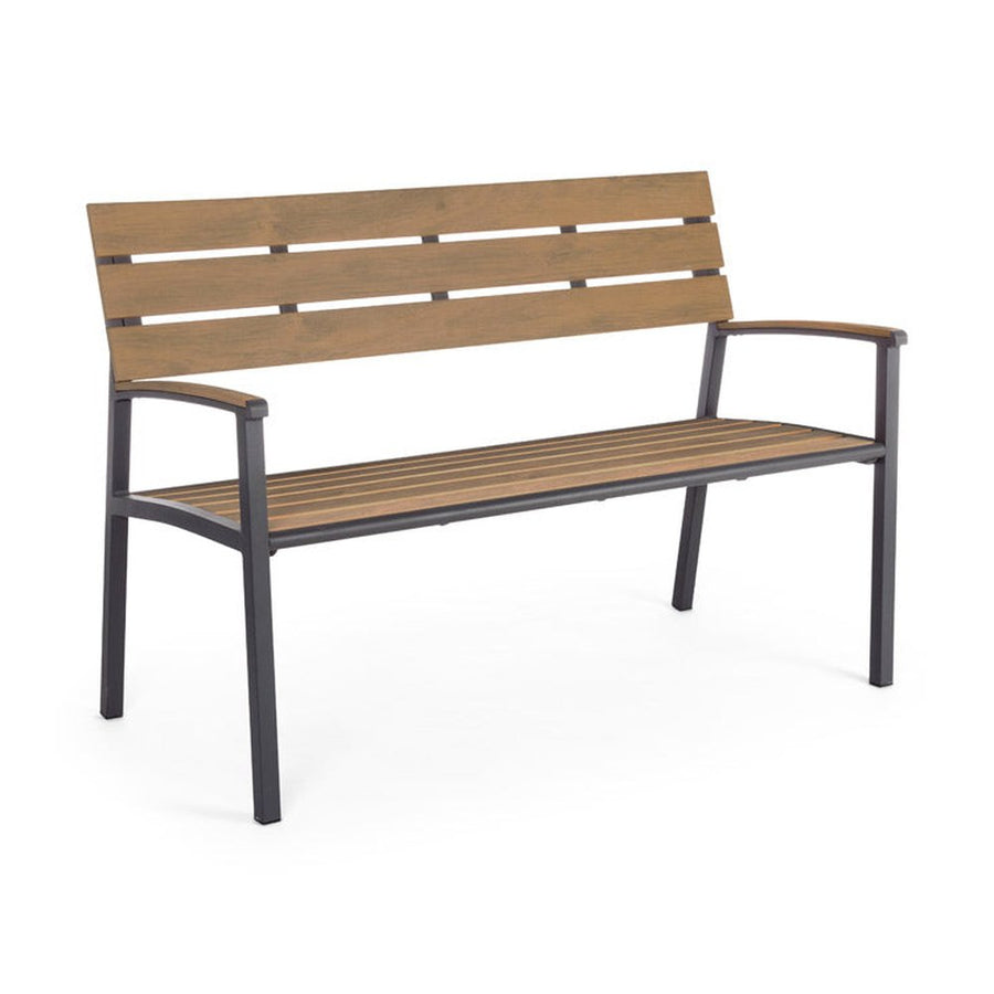 Kétszeméyles fehér fémvázas kerti pad, akácfa színű polifa háttlámlával, karfával és ülőfelülettel.