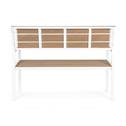 Kétszeméyles fehér fémvázas kerti pad, akácfa színű polifa háttlámlával, karfával és ülőfelülettel. Hátoldal.