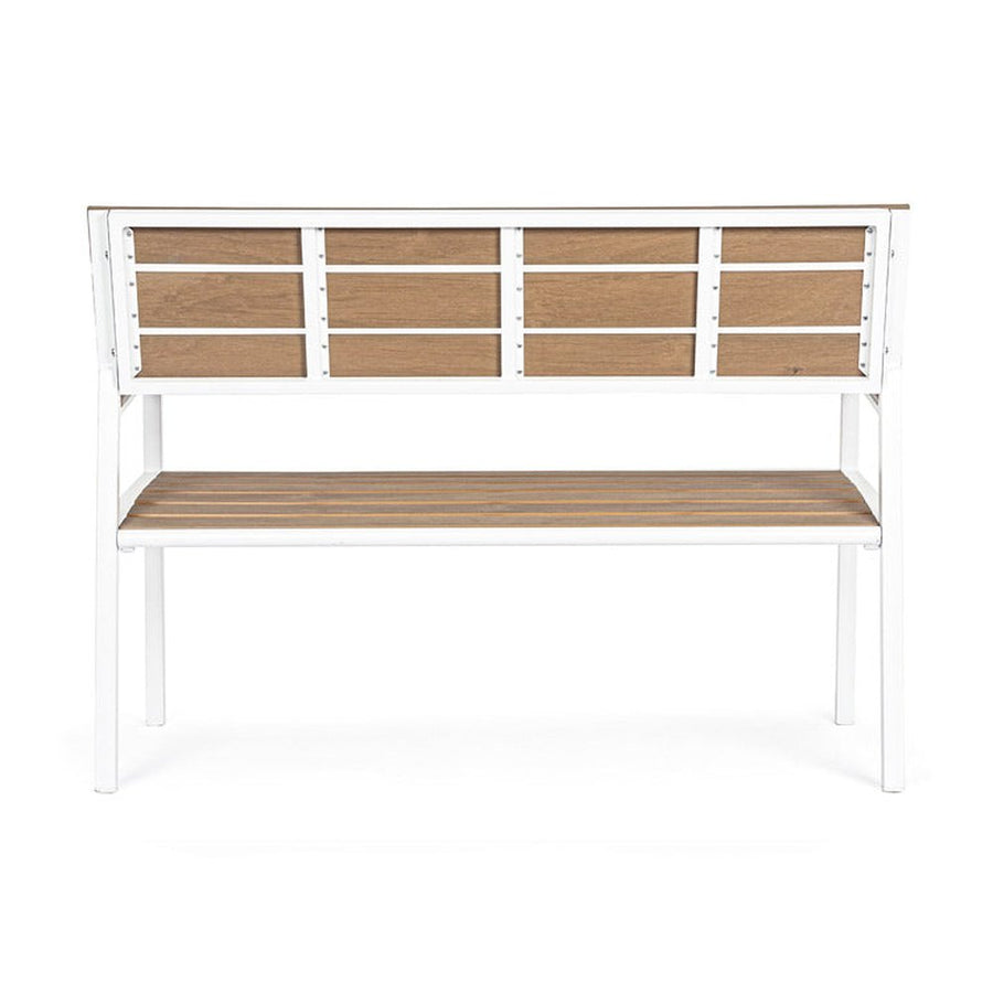 Kétszeméyles fehér fémvázas kerti pad, akácfa színű polifa háttlámlával, karfával és ülőfelülettel. Hátoldal.