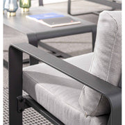 Prémium kétszemélyes kanapé alumíniumvázzal és olefin huzattal rendelkező ülő- és díszpárnákkal.