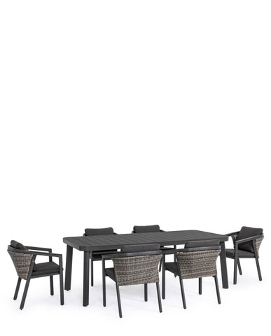 Kortárs stílusú, hatszemélyes, sötétszürke kerti ülőgarnitúra egy asztallal és hat darab székkel.