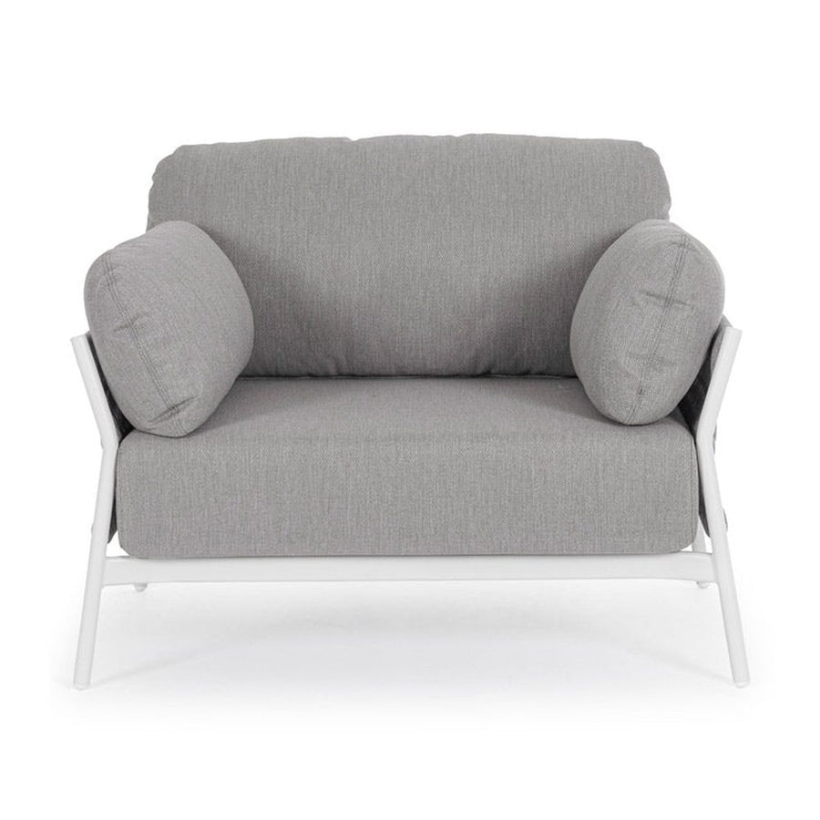 Kortárs stílusú, fehér és szürke színű kültéri, kerti fotel.