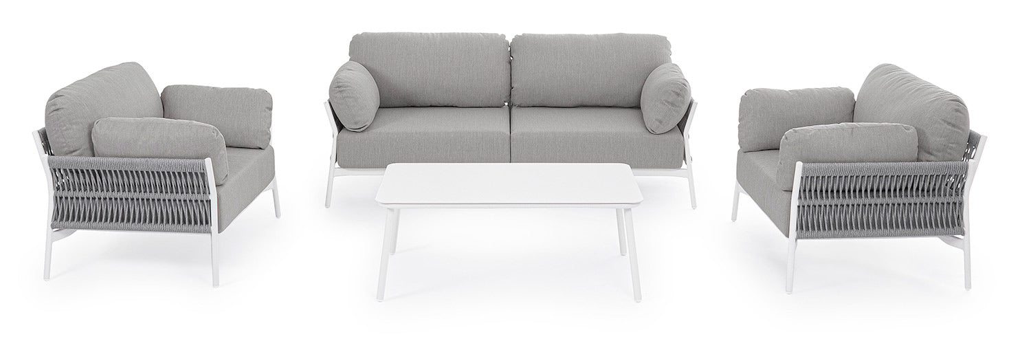 A fehér és szürke színű Pardis ülőgarnitúra kanapéja, két fotelje és dohányzóasztala.