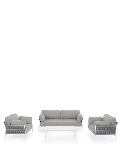 A kortárs stílusú, fehér és szürke színű Pardis kollekció: egy kanapé, két fotel és egy dohányzóasztal.