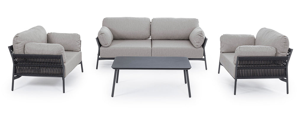 A kortárs stílusú, fekete és szürke színű Pardis kollekció: egy kanapé, két fotel és egy dohányzóaszta