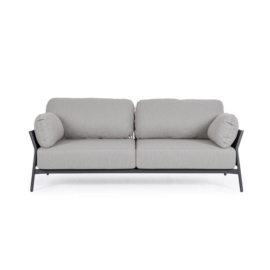 Kétszemélyes, kortárs stílusú, fekete és szürke színű kültéri, kerti kanapé.