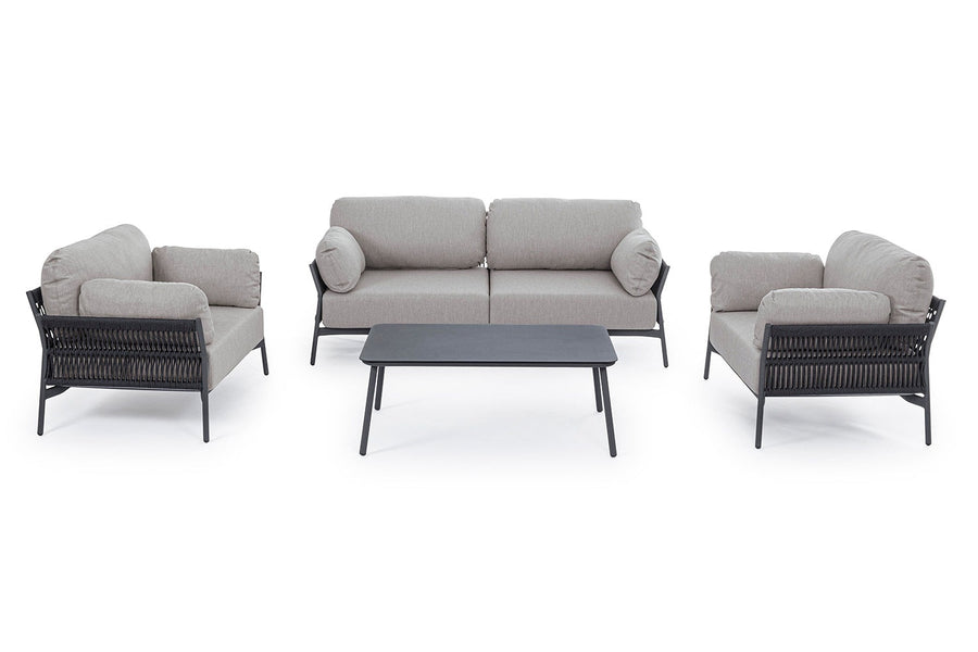 A fekete és szürke színű Pardis ülőgarnitúra kanapéja, két fotelje és dohányzóasztala.