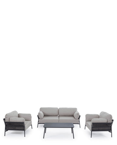 A kortárs stílusú, fekete és szürke színű Pardis kollekció: egy kanapé, két fotel és egy dohányzóasztal.