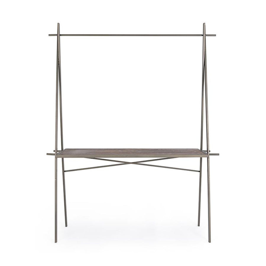 Loft stílusú kiállítóasztal fémszerkezettel és jegenyefa asztallappal.