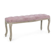 Koloniál stílusú, nyírfából és kaucsukfából készült, mályva színű, bársonyhatású textíliával kárpitozott kézműves ülőpad.