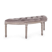 Koloniál stílusú, nyírfából és kaucsukfából készült, szürkésbarna színű, bársonyhatású textíliával kárpitozott kézműves ülőpad.