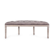 Koloniál stílusú, nyírfából és kaucsukfából készült, szürkésbarna színű, bársonyhatású textíliával kárpitozott kézműves ülőpad.