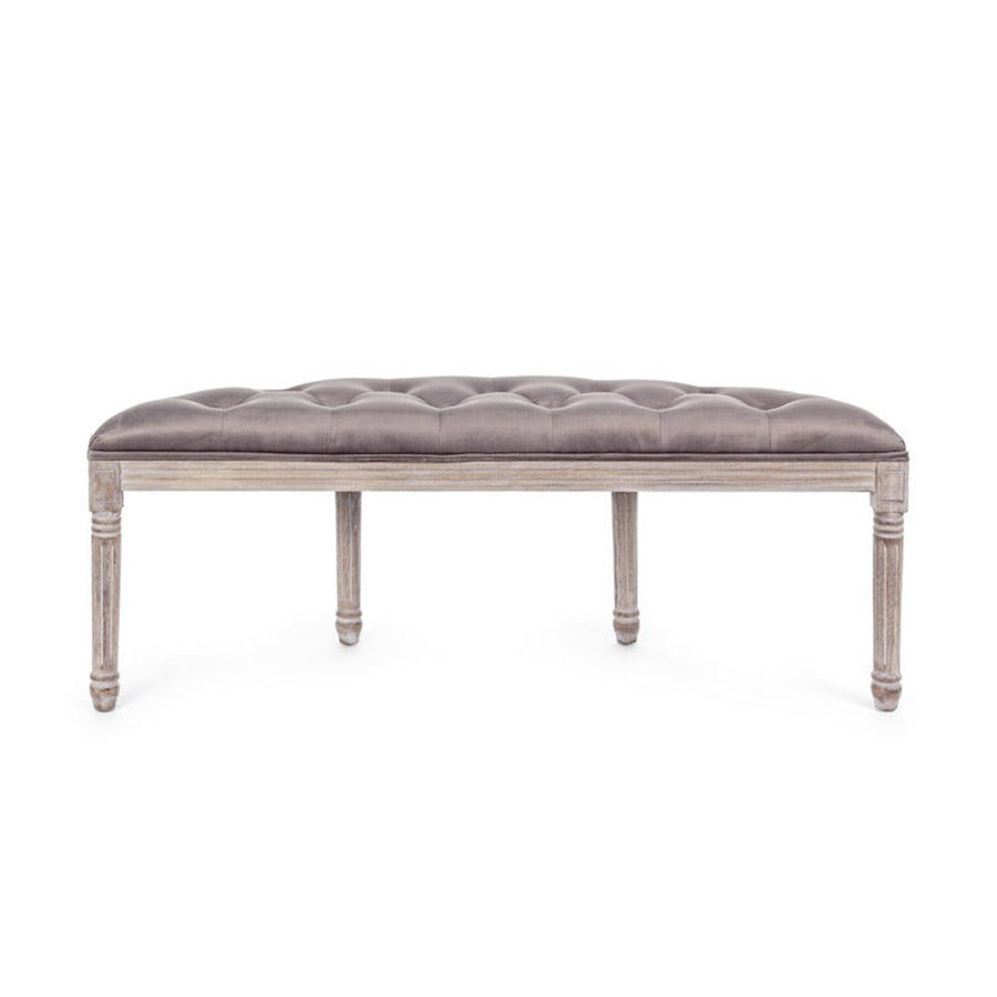 Koloniál stílusú, nyírfából és kaucsukfából készült, szürkésbarna színű, bársonyhatású textíliával kárpitozott kézműves ülőpad.