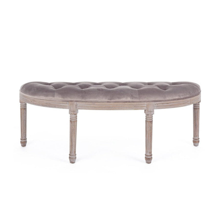 Koloniál stílusú, nyírfából és kaucsukfából készült, szürkésbarna színű, bársonyhatású textíliával kárpitozott kézműves ülőpad.