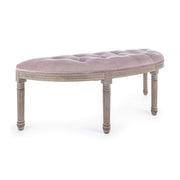 Koloniál stílusú, nyírfából és kaucsukfából készült, bézs színű, bársonyhatású textíliával kárpitozott kézműves ülőpad.