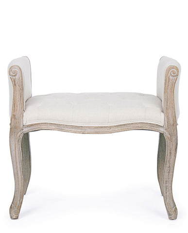 Koloniál stílusú, kaucsukfából készült, fehér színű textillel kárpitozott ülőpad karfával.