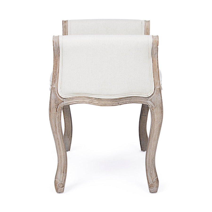 Koloniál stílusú, kaucsukfából készült, fehér színű textillel kárpitozott ülőpad karfával.