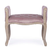 Koloniál stílusú, kaucsukfából készült, mályva színű textillel kárpitozott ülőpad karfával.