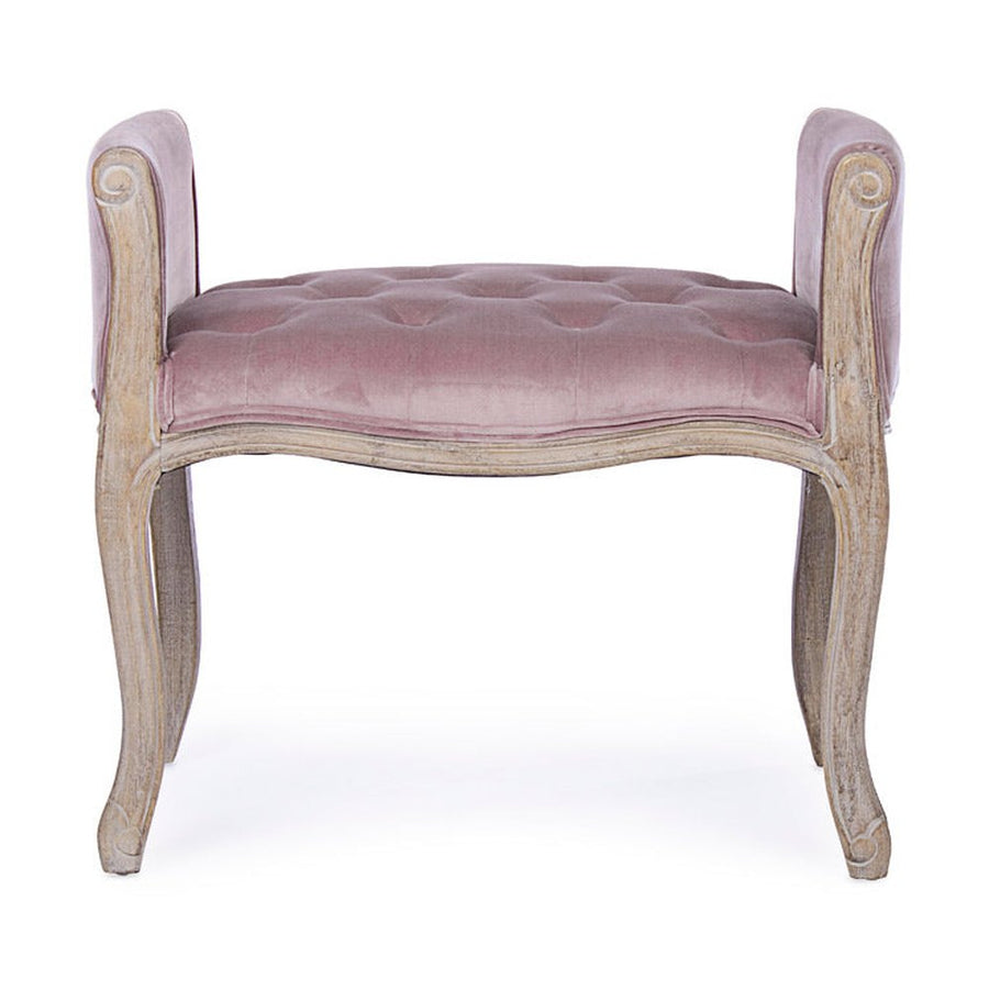 Koloniál stílusú, kaucsukfából készült, mályva színű textillel kárpitozott ülőpad karfával.