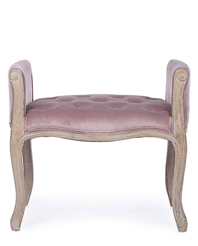 Koloniál stílusú, kaucsukfából készült, mályva színű textillel kárpitozott ülőpad karfával.