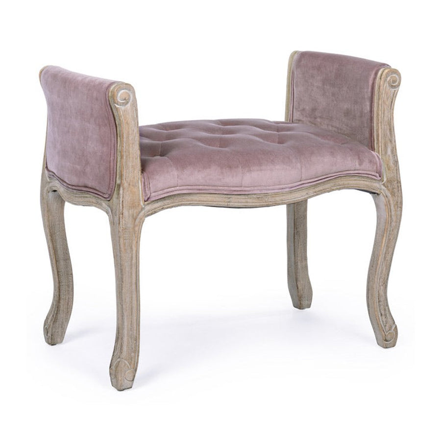 Koloniál stílusú, kaucsukfából készült, mályva színű textillel kárpitozott ülőpad karfával.