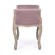 Koloniál stílusú, kaucsukfából készült, mályva színű textillel kárpitozott ülőpad karfával.