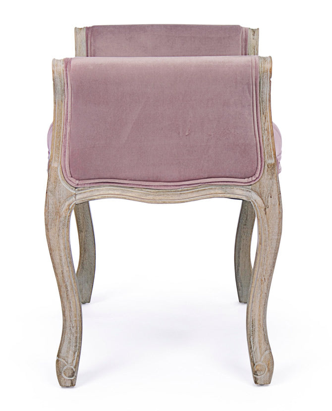 Koloniál stílusú, kaucsukfából készült, mályva színű textillel kárpitozott ülőpad karfával.