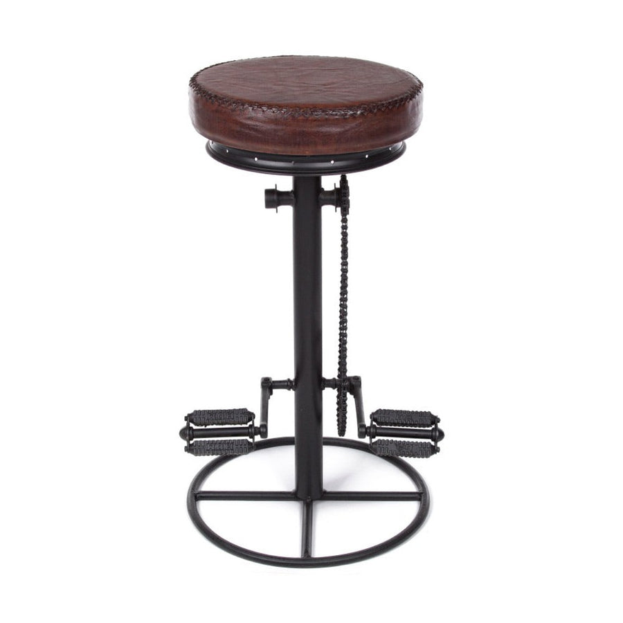 Ipari stílusú, fekete színű, fémből készült pedálos bárszék bőr ülőfelülettel.