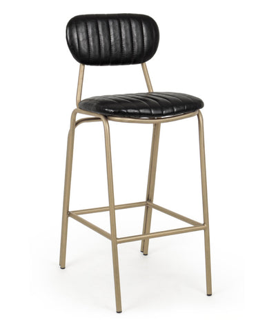 Vintage stílusú, antikolt aranyszínű acélból készült bárszék fekete műbőr ülőfelülettel és háttámlával. 