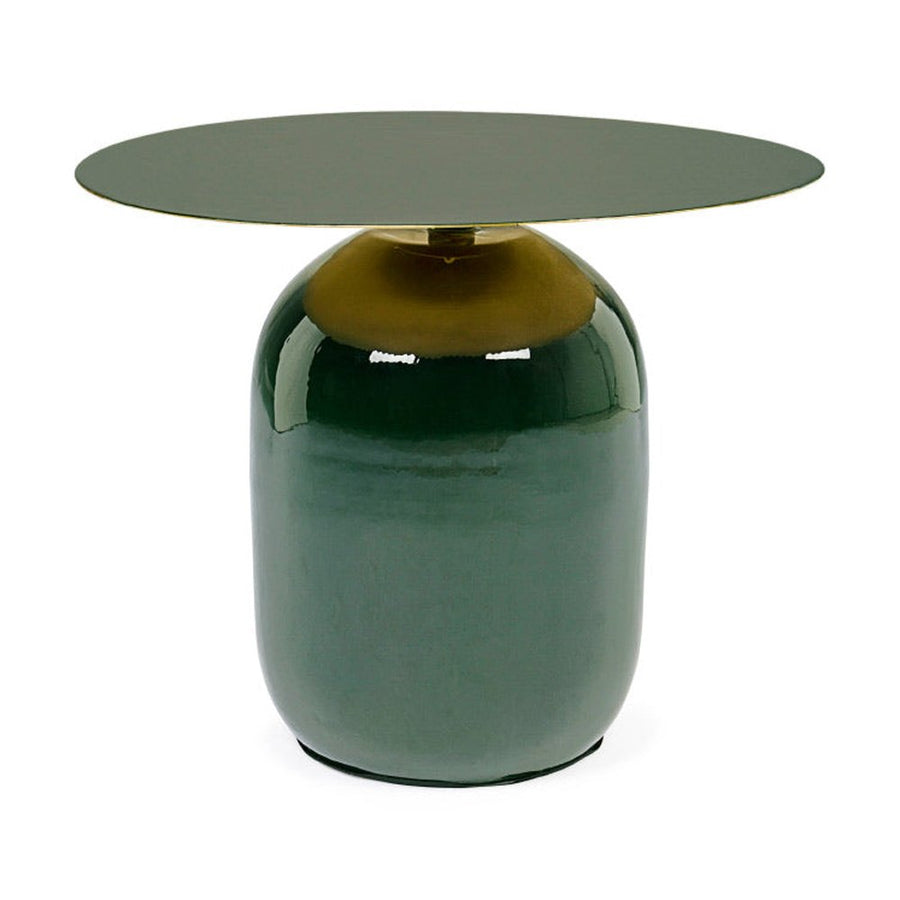 Kortárs stílusú, zománcozott acélból készült, sötétzöld-arany színű kisasztal.