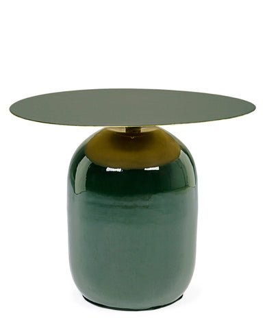 Kortárs stílusú, zománcozott acélból készült, sötétzöld-arany színű kisasztal.