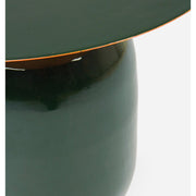 Kortárs stílusú, zománcozott acélból készült, sötétzöld-arany színű kisasztal.