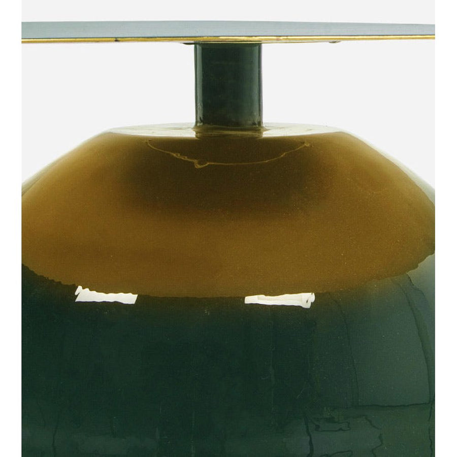 Kortárs stílusú, zománcozott acélból készült, sötétzöld-arany színű kisasztal.