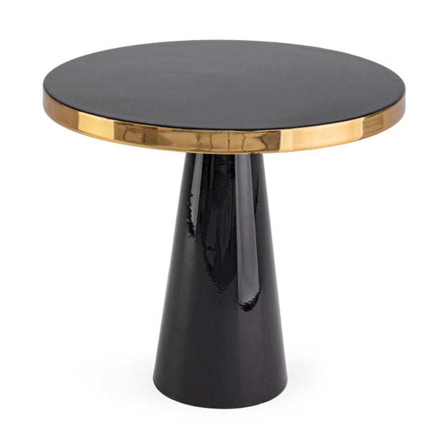 Glamour stílusú, zománcozott felületű fekete arany színű kerek kisasztal.